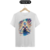 Camiseta branca com estampa colorida de personagem estilizado meditando com aura energética ao redor