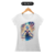 Camisa branca com estampa colorida de uma figura mística, representando poder e energia.