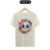 T-shirt clara com estampa de caveira kawaii rodeada por flores coloridas.