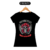 Camiseta preta com estampa de caveira decorada com rosas vermelhas e asas, com a frase "MOTORCYCLES RUN AND LIVE".