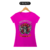 Camiseta feminina rosa com estampa de caveira e rosas, texto 'MOTORCYCLES RUN AND LIVE'