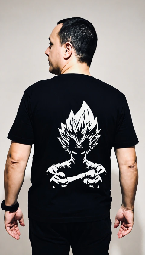 Homem usando camiseta preta de algodão com estampa branca de Vegeta Majin