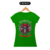 Camiseta feminina verde com estampa de caveira decorada com rosas e asas, escrita "MOTORCYCLES RUN AND LIVE".