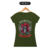 Camiseta feminina verde com estampa de caveira decorada com rosas vermelhas e asas, com a frase "MOTORCYCLES RUN AND LIVE".