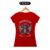 Camiseta feminina vermelha com estampa de caveira, rosas e asas, com a frase "MOTORCYCLES RUN AND LIVE".