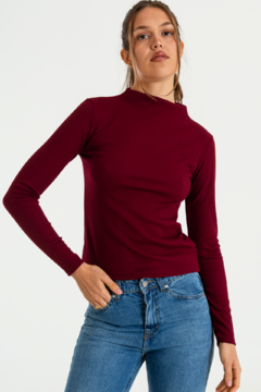 Remera manga larga con cuello alto integrado. Morley elastizado (JASPE) - nox denim