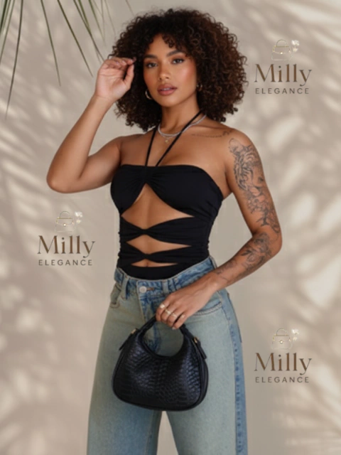 Body Nozinho Feminino Sexy Gringa Recortes Profundos 3 Tiras com Amarração Ajustável para Festa Balada Verão