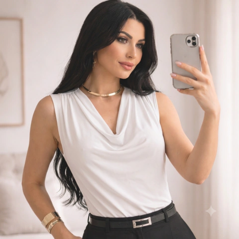 Blusa Gola Degagê Branca Suplex Premium Drapeada Elegante Moda