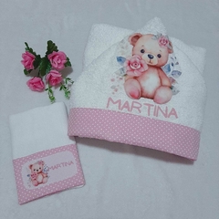 Toalha de banho com capuz para bebê e babita Ursinha Rosa - comprar online