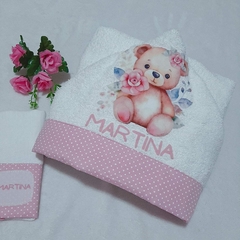Imagem do Toalha de banho com capuz para bebê e babita Ursinha Rosa