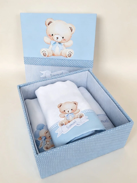 Kit Presente Bebê Personalizado - 3 Babitas - Tema Ursinho Azul