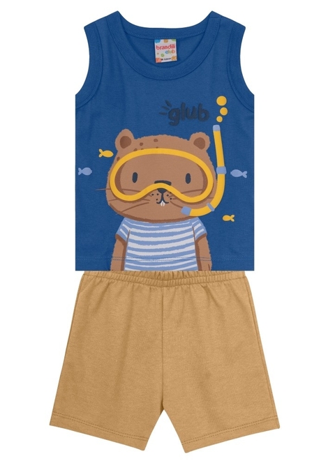 CONJUNTO MENINO REGATA MEIA MALHA CASTOR AZUL + BERMUDA MOLETINHO MARROM - BRANDILI