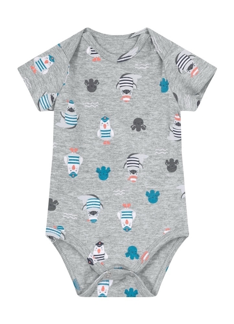 BODY MENINO MANGA CURTA COTTON PINGUIM CINZA - BRANDILI BABY