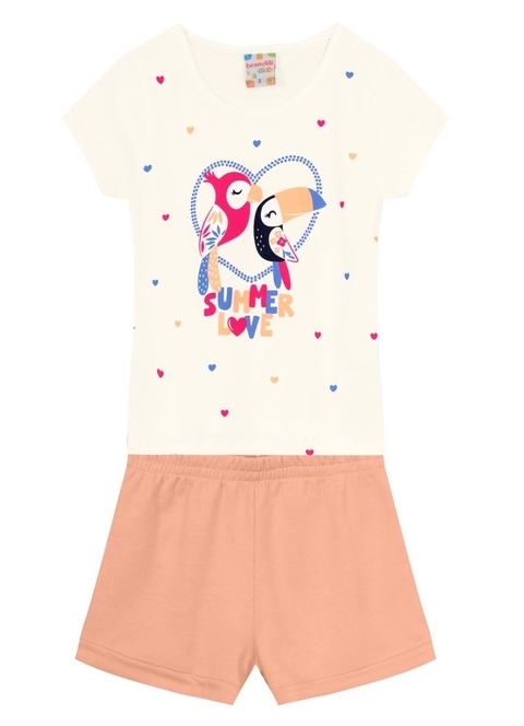 CONJUNTO MENINA BLUSA MEIA MALHA OFF WHITE TUCANO + SHORTS MOLETINHO SALMÂO - BRANDILI