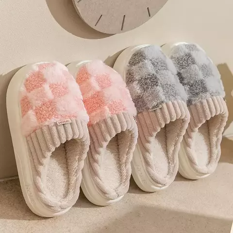 Casal Chinelos Winter Toe Wrap, chinelos de algodão xadrez, sola macia grossa, piso interno, sapatos antiderrapantes em casa, slides de moda para homens e mulheres
