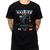 Camiseta preta com estampa do vilão Cabeça de Martelo, sentado em uma cadeira, segurando uma máscara do Homem-Aranha. Camiseta Vilão Cabeça de Martelo