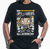Camiseta preta com estampa do personagem Ash da série Army of Darkness, segurando uma motosserra e um livro, com fundo de caveiras e elementos de quadrinhos. Camiseta Uma Noite Alucinante Funko Pop