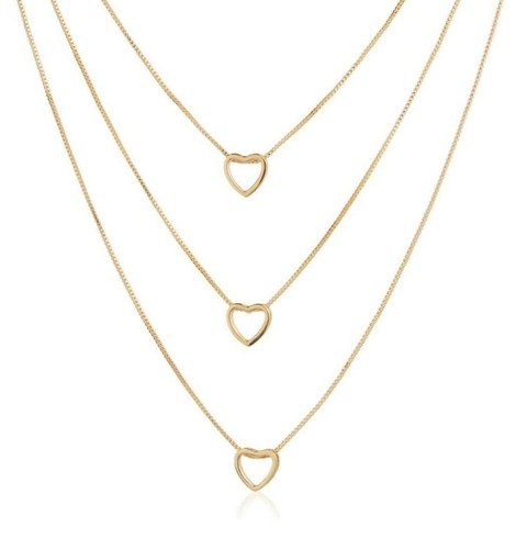 Colar Três Voltas com Corações Vazados