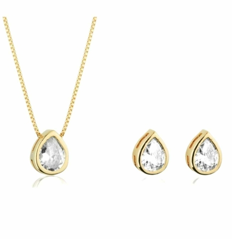 Conjunto Gota de Zircônia Folheado Ouro 18k