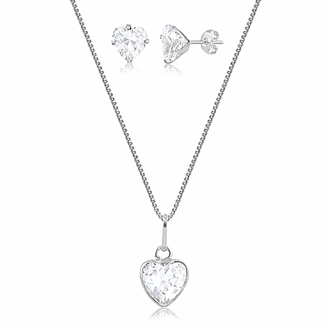 Conjunto em prata com coração de zircônia