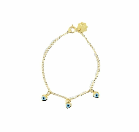 Pulseira infantil folheada a ouro 18k com coração de olho grego