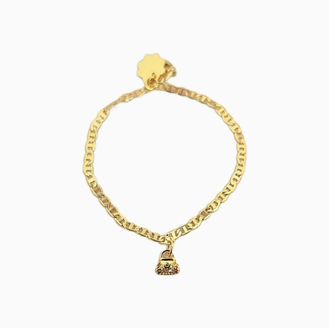 Pulseira infantil folheada a ouro 18k com pingente de bolsa