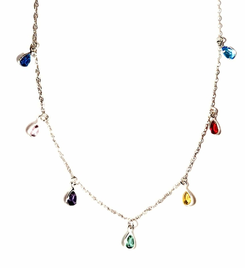 Colar choker em prata com gotas de zircônias coloridas