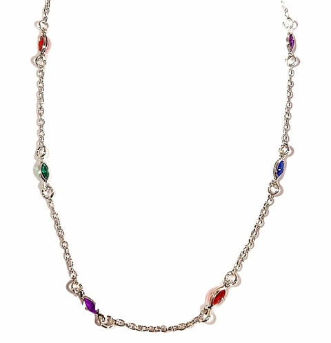 Colar choker em prata com zircônias navetes coloridas