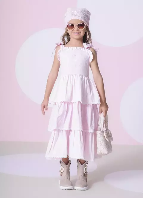 VESTIDO 29401 TRICOLINE XADREZ E LISTRADO BABADOS RENDINHA / XADREZ ROSA CLARO - comprar online