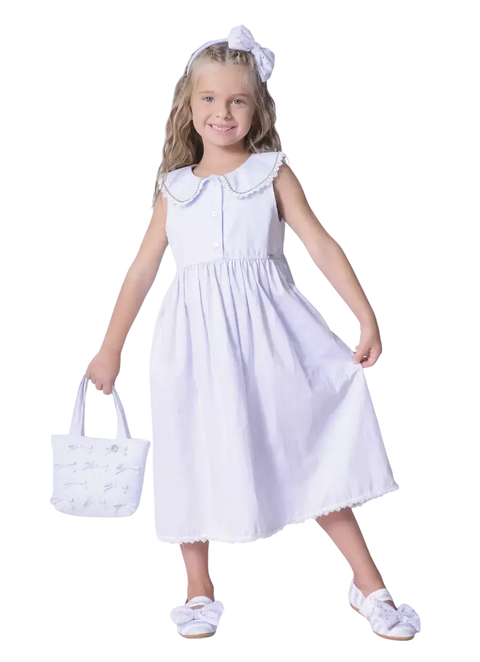 VESTIDO ALGODÃO BOTÕES GOLINHA RENDA E CRISTAL AZUL CLARO 29613 - comprar online