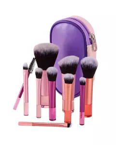 Conjunto de pincéis de maquiagem mini com estojo roxo e rosa, incluindo pincéis para rosto e olhos.