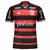 Camisa do Flamengo I Home 2024-25 da Adidas com listras vermelhas e pretas e patrocinadores visíveis.