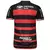 Camisa do Flamengo I Home 2024-25 da Adidas com listras vermelhas e pretas e patrocinadores visíveis.