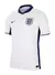 Camisa branca da seleção da Inglaterra, modelo 2024/25, com detalhes em azul e logo da Nike.