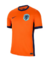 Camisa laranja da seleção da Holanda, modelo 2024/25, masculina, com detalhes em azul marinho e escudo da equipe.