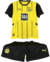 Kit infantil do Borussia Dortmund, composto por camisa amarela e preta e shorts pretos.