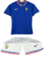 Kit infantil da seleção da França com camisa azul e calças brancas, estampado com o logo da Nike e o emblema da seleção.