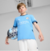 Kit infantil do Manchester City, composto por camisa azul e short branco, exibido em um suporte.