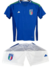 Kit infantil da seleção italiana de futebol, composto por camisa azul e shorts brancos, com detalhes em verde e o logo da Adidas.