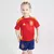 Kit infantil da seleção da Espanha, composto por camisa vermelha e calção azul, com detalhes em amarelo. LAMINE YAMAL - RODRI