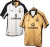 Camisa retrô do Manchester United, edição especial de 2001/02, mostrando os dois lados da peça: um em preto e branco e outro em dourado.