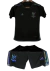 Kit infantil do Flamengo, composto por camiseta preta e shorts, com detalhes em verde e roxo.