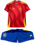 Kit infantil da seleção da Espanha, composto por camisa vermelha e calção azul, com detalhes em amarelo. LAMINE YAMAL - RODRI