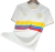 Camisa da Seleção da Colômbia 100 anos, edição especial Adidas, cor bege com listras em amarelo, azul e vermelho.