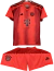 Kit infantil do Bayern München da Adidas, na cor vermelha, composto por camiseta e shorts.