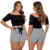 Kit 2 Short Listrado Feminino Branco Blusinha Ombro a Ombro - Tem Desconto