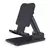 Suporte universal para celular e tablet em preto, com design ajustável e base estável, mostrado em diferentes ângulos e posições.