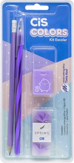 Kit Escolar Colors Lilas - 4 Peças ( Borracha + Apontador + Lapis + Caneta ) - CIS