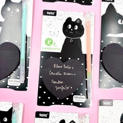 Bloco de Notas Adesivado Coração Preto com caneta Neon Gatinho