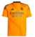 Camisa infantil do Real Madrid II 2024/25, na cor laranja, com logo da Adidas e letras em destaque.